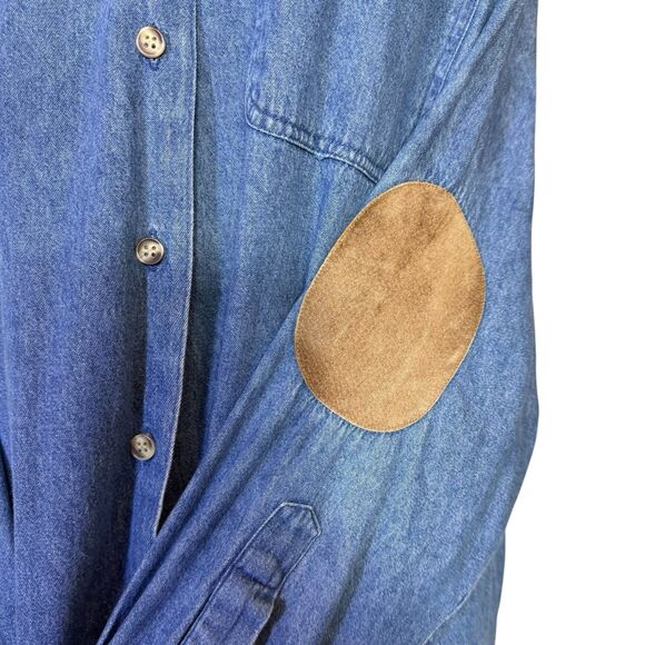 Vintage Brooks Brothers Denim Button Up Shirt Suede Leather Collar Elbow Patches - Picture 4 of 5
